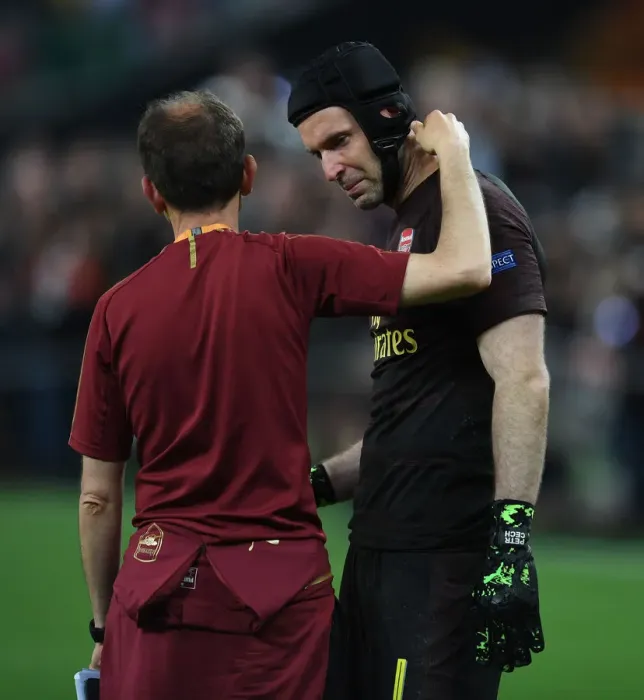 Framed Print : Arsenal's Bittersweet Europa League Final Defeat: Petr Cech Consoled by Javi Garcia after Loss to Chelsea Framed Print : Arsenal's Bittersweet Europa League Final Defeat: Petr Cech Consoled by Javi Garcia after Loss to Chelsea