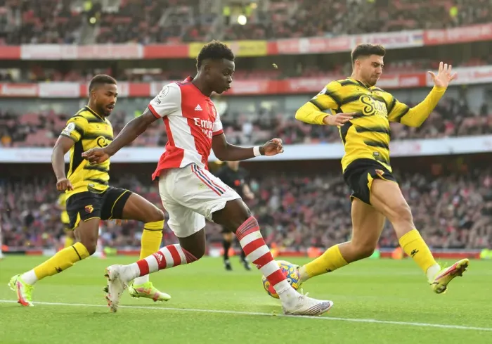 Framed Print : Arsenal's Bukayo Saka in Action: Arsenal vs. Watford (2021-22) Framed Print : Arsenal's Bukayo Saka in Action: Arsenal vs. Watford (2021-22)