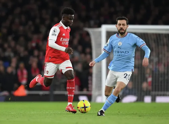Framed Print : Arsenal's Bukayo Saka in Action Against Manchester City - Premier League 2022-23