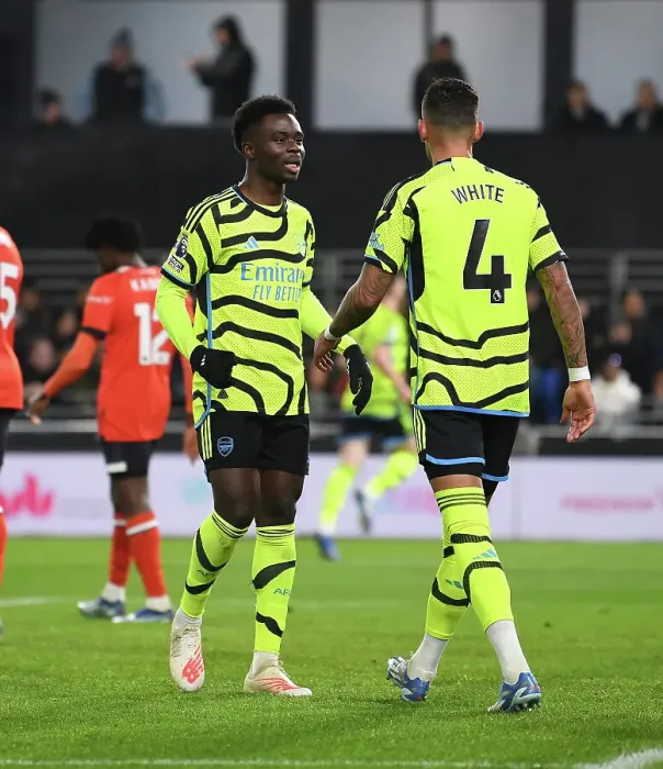 Framed Print : Arsenal's Bukayo Saka and Ben White Celebrate 2nd Goal vs. Luton Town (2023-24) Framed Print : Arsenal's Bukayo Saka and Ben White Celebrate 2nd Goal vs. Luton Town (2023-24)