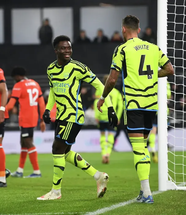 Framed Print : Arsenal's Bukayo Saka and Ben White Celebrate Second Goal vs. Luton Town (2023-24)