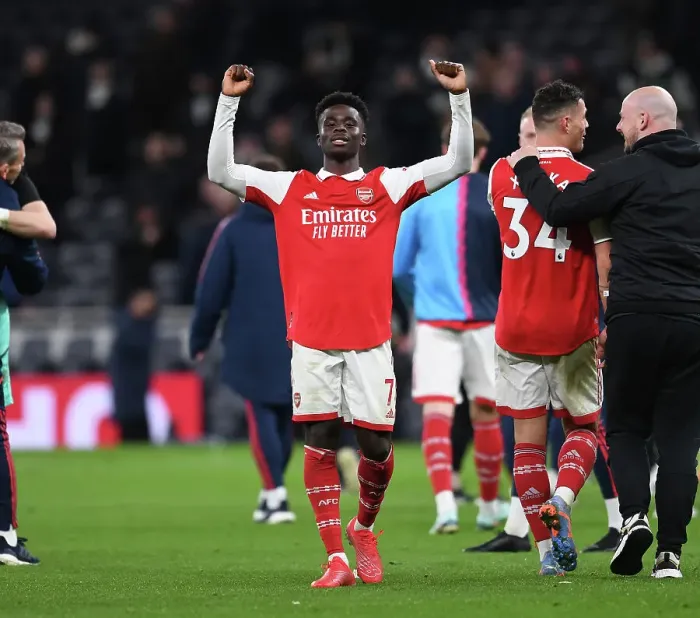 Framed Print : Arsenal's Bukayo Saka Celebrates Goal Against Tottenham in Premier League Clash (2022-23)