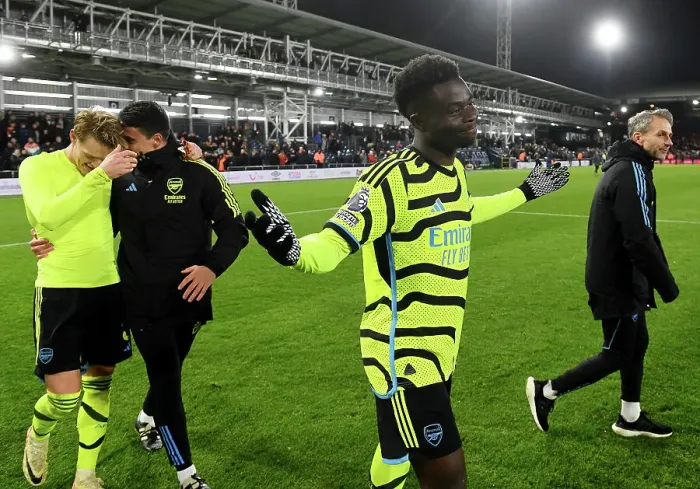 Framed Print : Arsenal's Bukayo Saka Celebrates Victory Over Luton Town in 2023-24 Premier League
