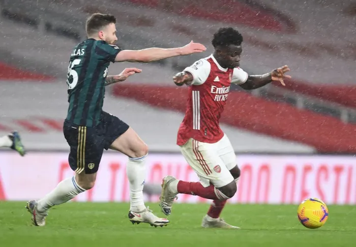 Framed Print : Arsenal's Bukayo Saka Clashes with Leeds United's Stuart Dallas in Premier League Showdown Framed Print : Arsenal's Bukayo Saka Clashes with Leeds United's Stuart Dallas in Premier League Showdown