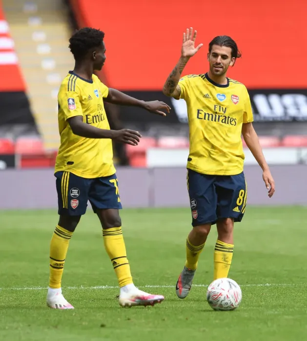 Framed Print : Arsenal's Bukayo Saka and Dani Ceballos Celebrate FA Cup Quarterfinal Victory over Sheffield United Framed Print : Arsenal's Bukayo Saka and Dani Ceballos Celebrate FA Cup Quarterfinal Victory over Sheffield United