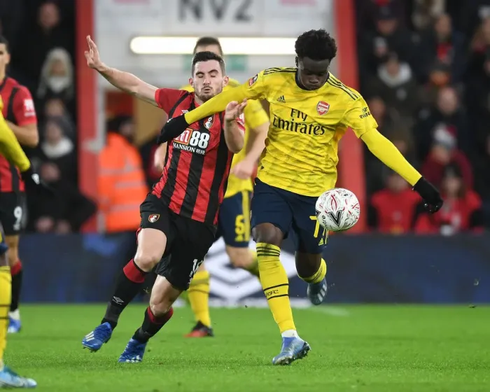 Framed Print : Arsenal's Bukayo Saka Dazzles Lewis Cook: FA Cup Victory Moment Framed Print : Arsenal's Bukayo Saka Dazzles Lewis Cook: FA Cup Victory Moment