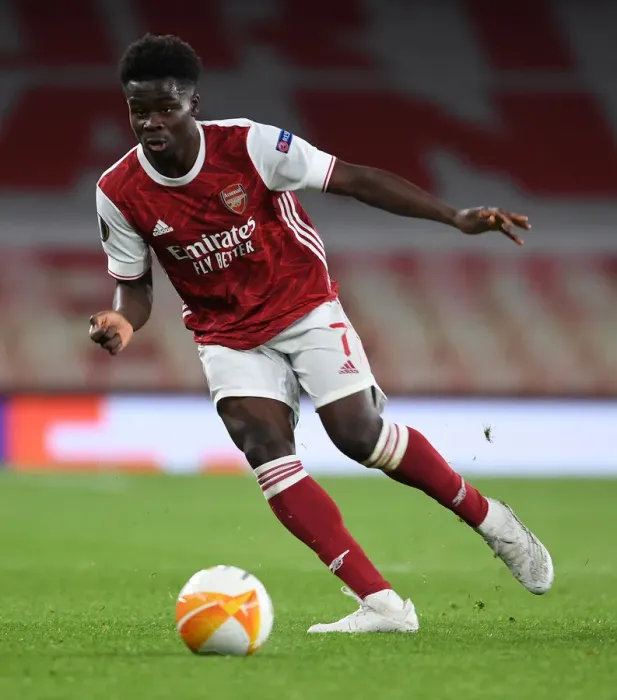 Framed Print : Arsenal's Bukayo Saka at Empty Emirates Stadium: Arsenal vs Slavia Praha, UEFA Europa League Quarterfinal (2021)
