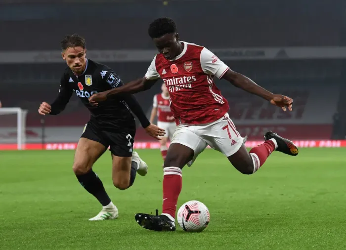 Framed Print : Arsenal's Bukayo Saka Faces Off Against Aston Villa's Matthew Cash in Premier League Clash Framed Print : Arsenal's Bukayo Saka Faces Off Against Aston Villa's Matthew Cash in Premier League Clash