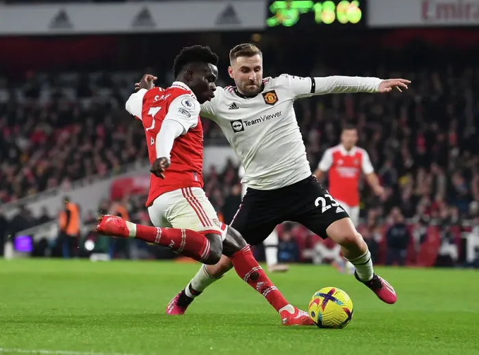 Framed Print : Arsenal's Bukayo Saka Faces Off Against Luke Shaw in Intense Arsenal v Manchester United Clash (2022-23) Framed Print : Arsenal's Bukayo Saka Faces Off Against Luke Shaw in Intense Arsenal v Manchester United Clash (2022-23)