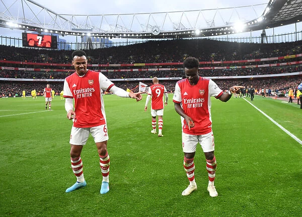 Arsenal's Bukayo Saka and Gabriel Celebrate Goal vs. Brentford (2021-22)