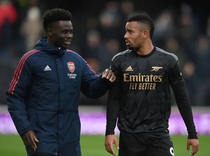 Framed Print : Arsenal's Bukayo Saka and Gabriel Jesus Celebrate Victory over Fulham in Premier League