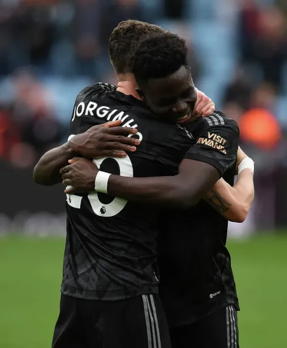 Framed Print : Arsenal's Bukayo Saka and Jorginho Celebrate Victory Over Aston Villa in Premier League Clash (2022-23) Framed Print : Arsenal's Bukayo Saka and Jorginho Celebrate Victory Over Aston Villa in Premier League Clash (2022-23)