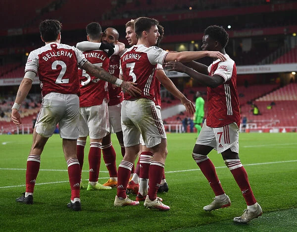 Arsenal's Bukayo Saka and Kieran Tierney Celebrate Goal During Arsenal v Chelsea Warm-Up (2020-21)