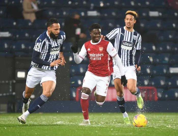 Framed Print : Arsenal's Bukayo Saka Outmaneuvers West Bromwich Albion's Kyle Bartley in Premier League Clash