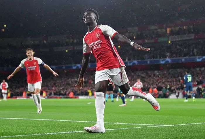Framed Print : Arsenal's Bukayo Saka Scores First Goal in 2023-24 Champions League: Arsenal FC vs PSV Eindhoven Framed Print : Arsenal's Bukayo Saka Scores First Goal in 2023-24 Champions League: Arsenal FC vs PSV Eindhoven