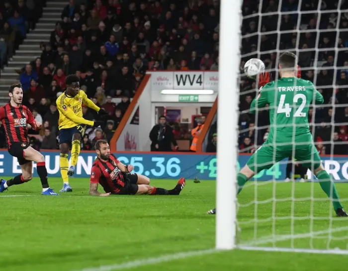 Framed Print : Arsenal's Bukayo Saka Scores First Goal in FA Cup Fourth Round Win over AFC Bournemouth