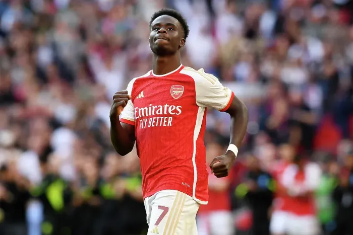 Framed Print : Arsenal's Bukayo Saka Scores the Winning Goal: Arsenal Celebrate Community Shield Victory over Manchester City (2023-24) Framed Print : Arsenal's Bukayo Saka Scores the Winning Goal: Arsenal Celebrate Community Shield Victory over Manchester City (2023-24)