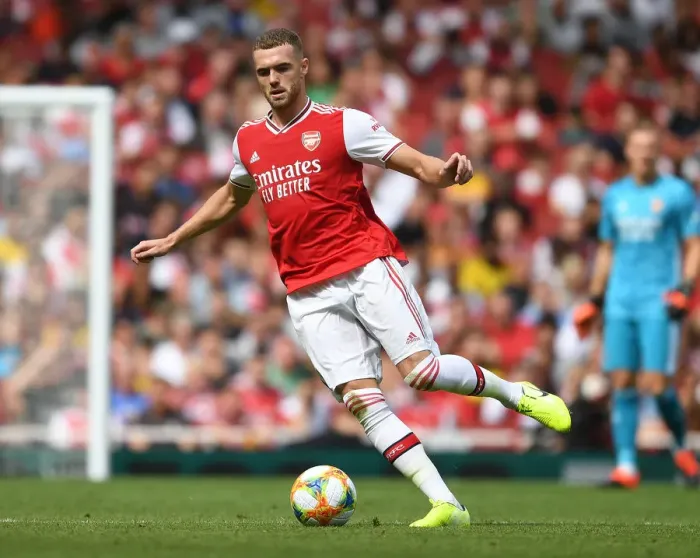 Framed Print : Arsenal's Calum Chambers in Action against Olympique Lyonnais at the Emirates Cup, 2019