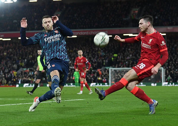 Arsenal's Calum Chambers Blocks Liverpool's Robertson in Carabao Cup Semi-Final Clash