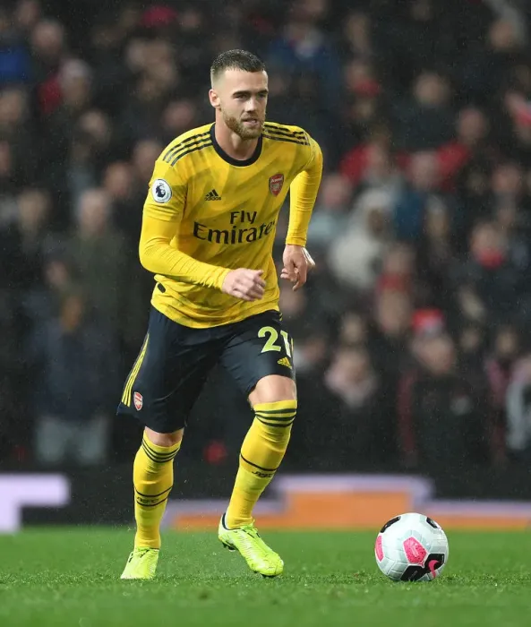Framed Print : Arsenal's Calum Chambers Faces Off Against Manchester United at Old Trafford (Premier League 2019-20)