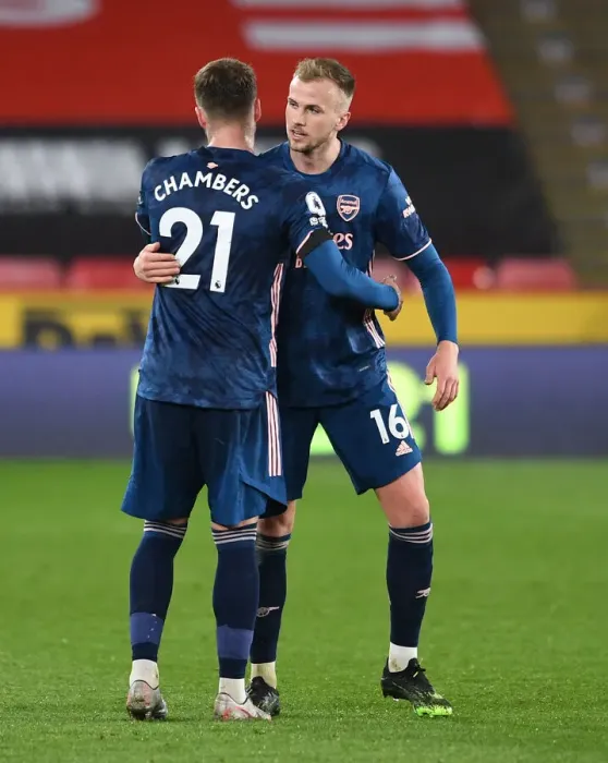 Framed Print : Arsenal's Calum Chambers and Rob Holding Celebrate Victory Over Sheffield United (Sheffield United v Arsenal, 2021)