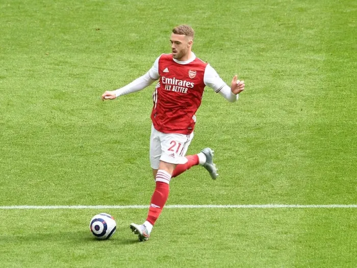 Framed Print : Arsenal's Calum Chambers at Empty St. James Park: Arsenal vs. Newcastle United (2020-21) Amidst Coronavirus Restrictions