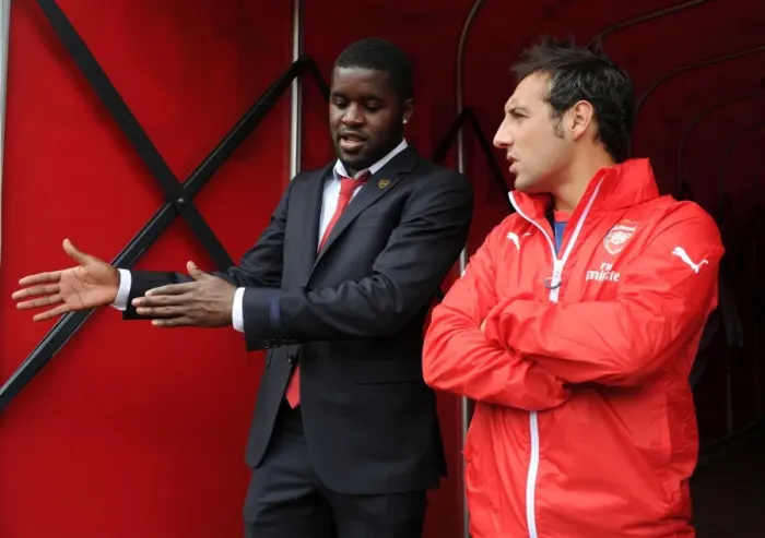 Framed Print : Arsenal's Campbell and Cazorla: Pre-Match Focus at Emirates Stadium (Arsenal v Manchester City, 2014-15) Framed Print : Arsenal's Campbell and Cazorla: Pre-Match Focus at Emirates Stadium (Arsenal v Manchester City, 2014-15)