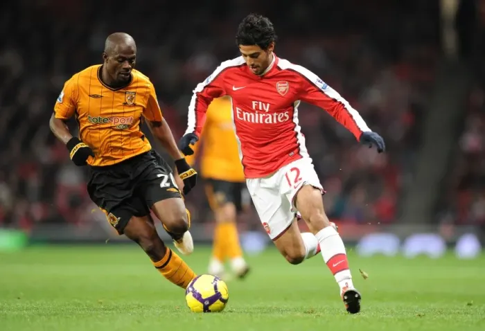 Framed Print : Arsenal's Carlos Vela Scores Three against Hull's George Boateng: 3-0 Premier League Victory at Emirates Stadium