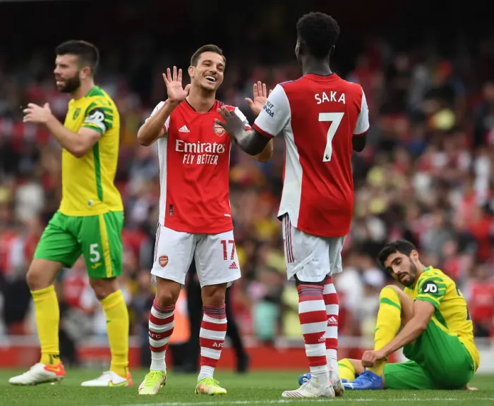 Framed Print : Arsenal's Cedric Soares and Bukayo Saka Celebrate Victory Over Norwich City Framed Print : Arsenal's Cedric Soares and Bukayo Saka Celebrate Victory Over Norwich City