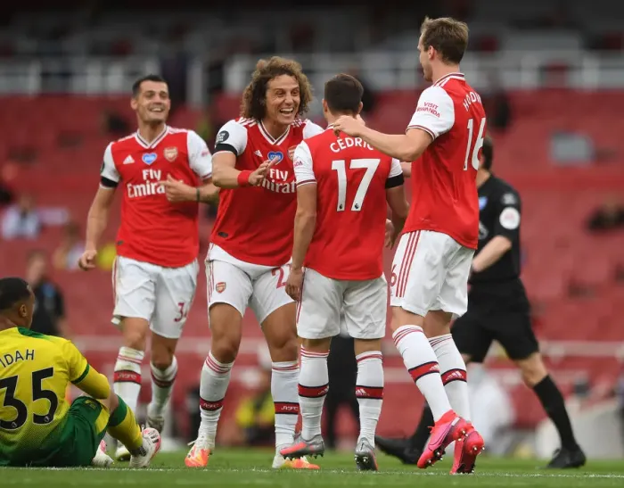Framed Print : Arsenal's Cedric Soares and David Luiz Celebrate Goals Against Norwich City (2019-20)