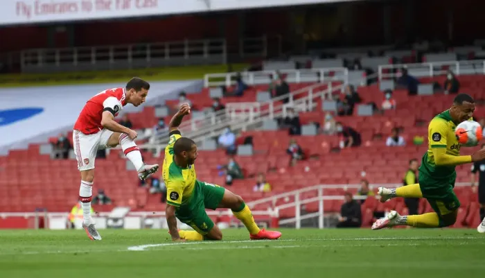 Framed Print : Arsenal's Cedric Soares Scores Fourth Goal Against Norwich City (2019-20)