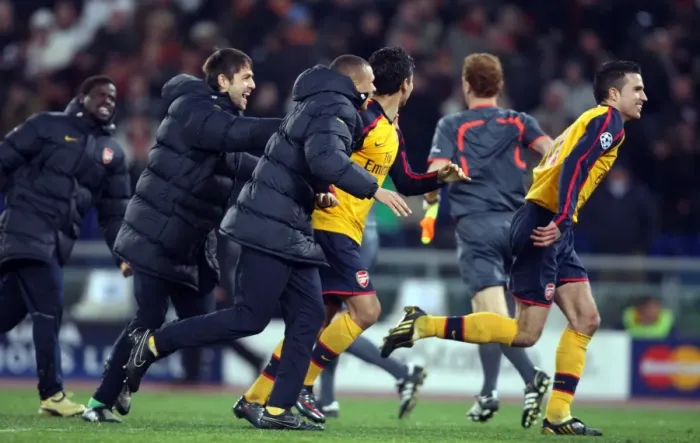 Framed Print : Arsenal's Champions League Victory: Robin van Persie and Team Celebrate Penalty Shootout Win Against AS Roma Framed Print : Arsenal's Champions League Victory: Robin van Persie and Team Celebrate Penalty Shootout Win Against AS Roma