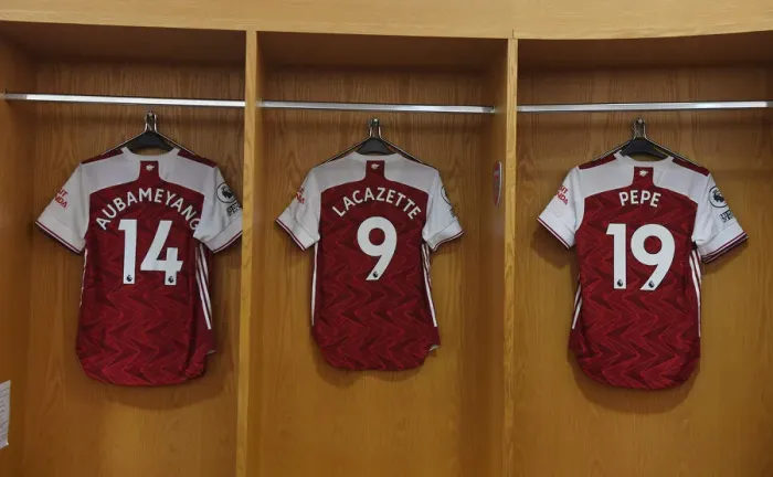 Framed Print : Arsenal's Empty Changing Room: Aubameyang, Lacazette, Pepe Await Liverpool Showdown (Arsenal v Liverpool, 2021)