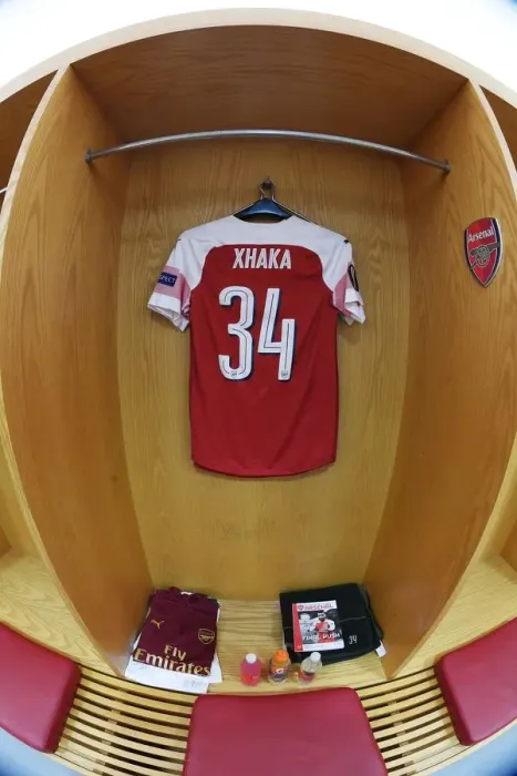 Framed Print : Arsenal's Empty Changing Room: Granit Xhaka's Absence in the UEFA Europa League Semi-Final First Leg vs Valencia