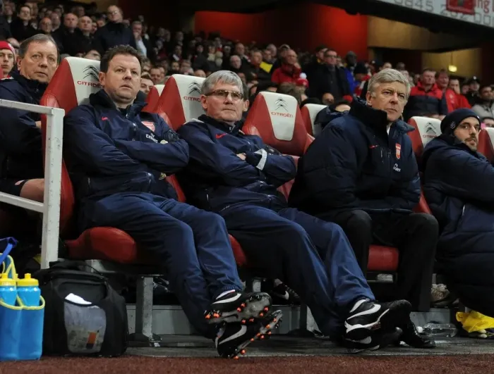 Framed Print : Arsenal's Coach Trio: Wenger, Rice, and Lewin during the 2011-2012 Arsenal vs. Wolverhampton Wanderers Match