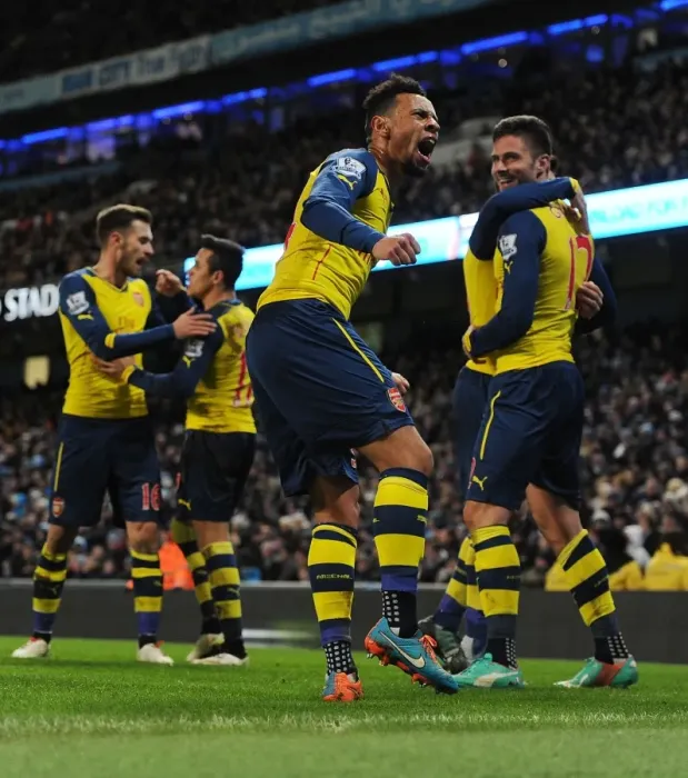 Framed Print : Arsenal's Comeback: Olivier Giroud Scores the Second Goal in Manchester City vs. Arsenal (2014-15)