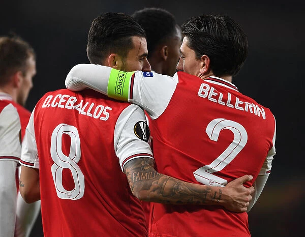 Arsenal's Dani Ceballos and Hector Bellerin Celebrate Goals Against Standard Liege in Europa League Match, 2019