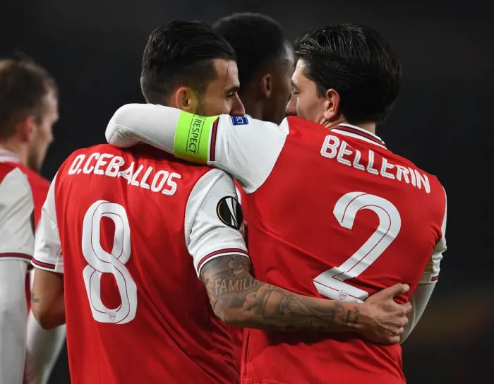 Framed Print : Arsenal's Dani Ceballos and Hector Bellerin Celebrate Goals Against Standard Liege in Europa League Match, 2019