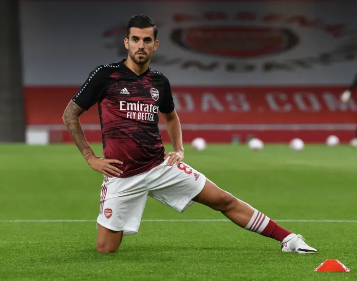 Framed Print : Arsenal's Dani Ceballos Warming Up Ahead of Arsenal v West Ham United, Premier League 2020-21