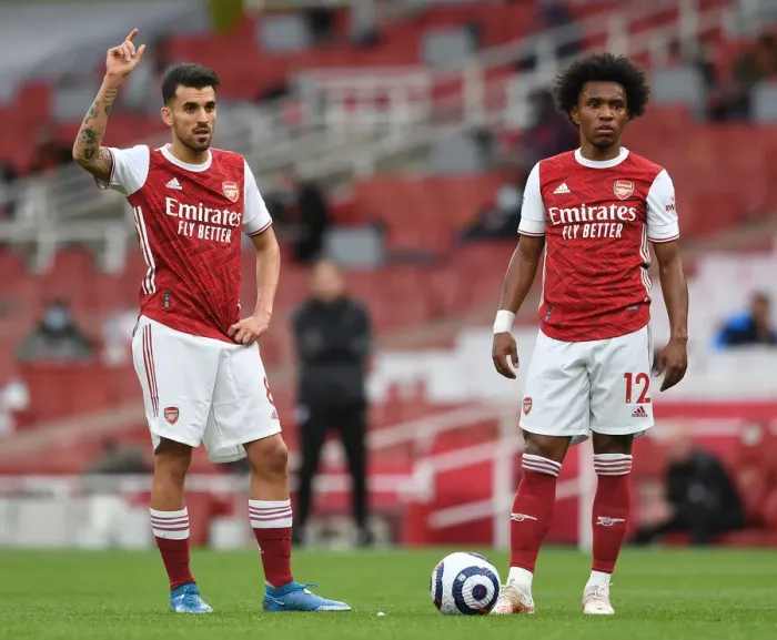 Framed Print : Arsenal's Dani Ceballos and Willian in Action against West Bromwich Albion at Empty Emirates Stadium (2020-21)