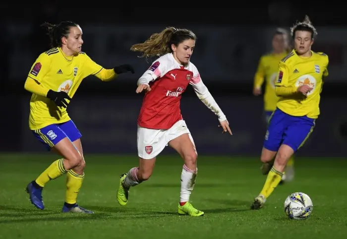 Framed Print : Arsenal's Danielle van de Donk Clashes with Birmingham's Lucy Staniforth in FA WSL Continental Tyres Cup Match