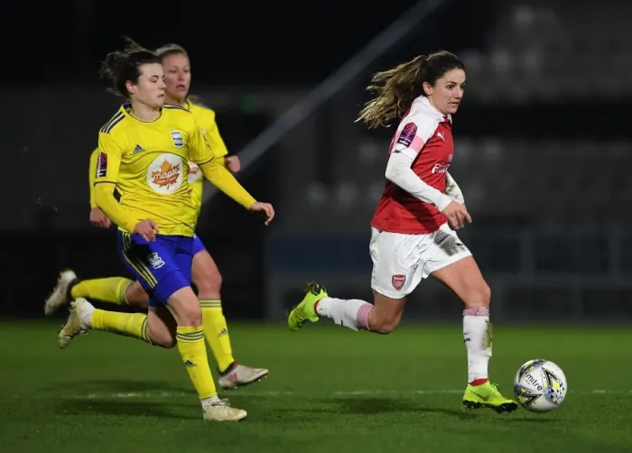 Framed Print : Arsenal's Danielle van de Donk Faces Off Against Birmingham's Hayley Ladd in FA WSL Continental Tyres Cup Match
