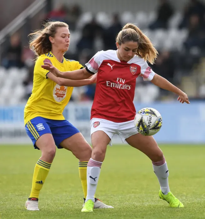 Framed Print : Arsenal's Danielle van de Donk Shields the Ball from Birmingham's Kerys Harrop in WSL Clash