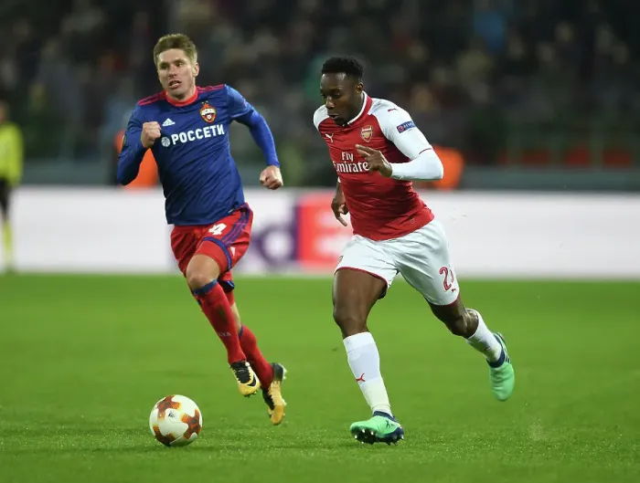 Framed Print : Arsenal's Danny Welbeck Clashes with CSKA Moscow's Kirill Nababkin in Europa League Quarterfinal