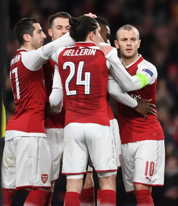 Framed Print : Arsenal's Danny Welbeck, Henrikh Mkhitaryan, and Jack Wilshere Celebrate Goal vs AC Milan in Europa League
