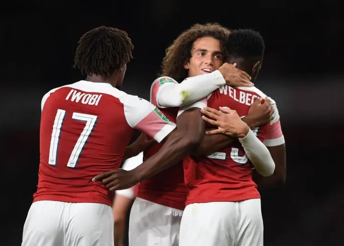 Framed Print : Arsenal's Danny Welbeck and Matteo Guendouzi Celebrate Goal vs. Brentford in Carabao Cup