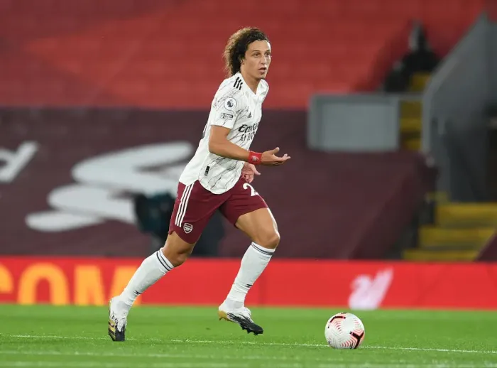 Framed Print : Arsenal's David Luiz at Empty Anfield: 2020-21 Premier League Match Amidst COVID-19 Restrictions