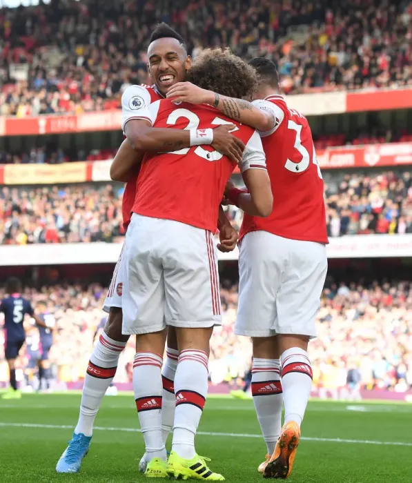 Framed Print : Arsenal's David Luiz, Aubameyang, and Xhaka Celebrate Goal vs. AFC Bournemouth (2019-20)