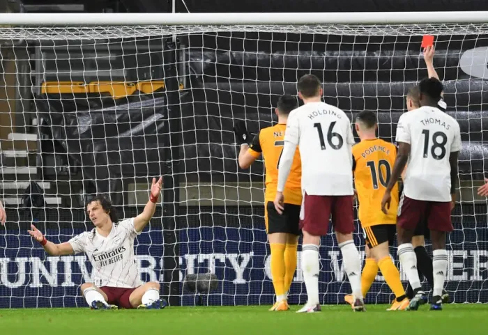 Framed Print : Arsenal's David Luiz Red-Carded in Wolverhampton Wanderers Clash (2020-21) Framed Print : Arsenal's David Luiz Red-Carded in Wolverhampton Wanderers Clash (2020-21)