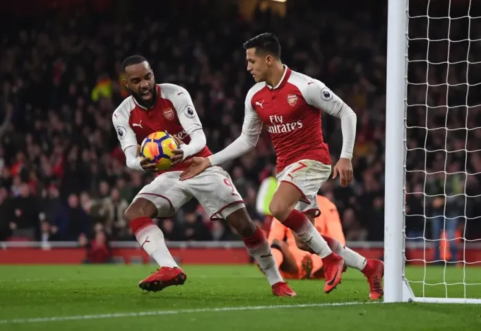 Framed Print : Arsenal's Deadly Duo: Sanchez and Lacazette Celebrate Goal Against Liverpool (2017-18) Framed Print : Arsenal's Deadly Duo: Sanchez and Lacazette Celebrate Goal Against Liverpool (2017-18)